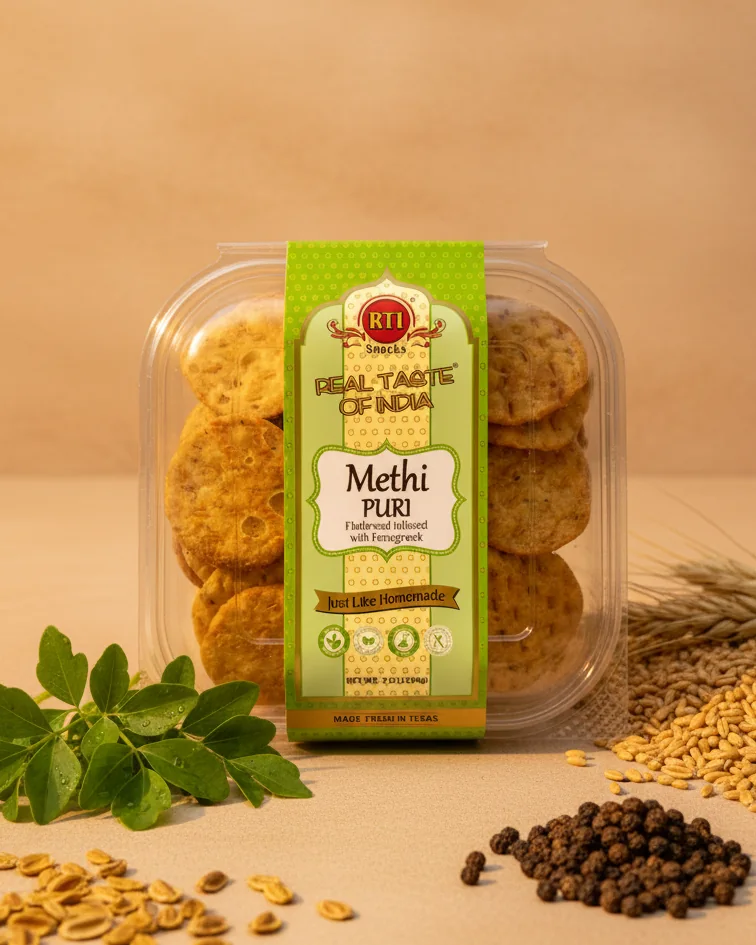 Methi Puri with fresh fenugreek leaves and grains