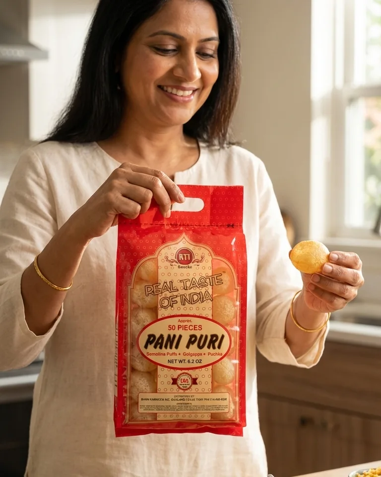 Woman in a home kitchen holding an RTI Pani Puri bag and a puri