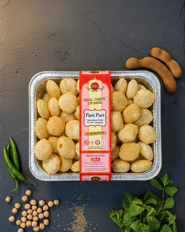 RTI Pani Puri tray with green chilies, chickpeas, cumin and mint
